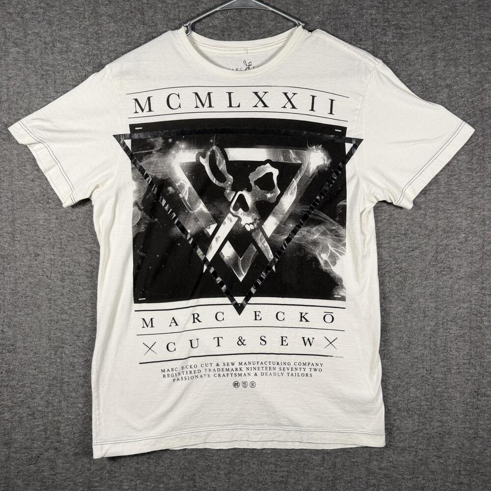 Marc Ecko Cut & Sew Skull Scissors Graphic T Shirt Streetwear White Y2K Hip Hop